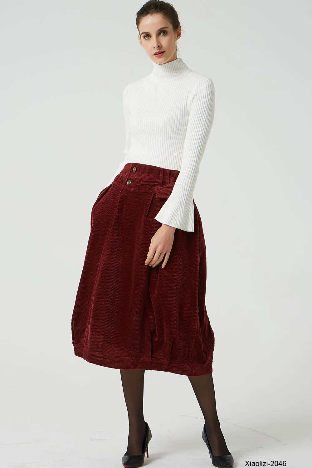 red corduroy bubble skirt, elastic waist skirt 2046