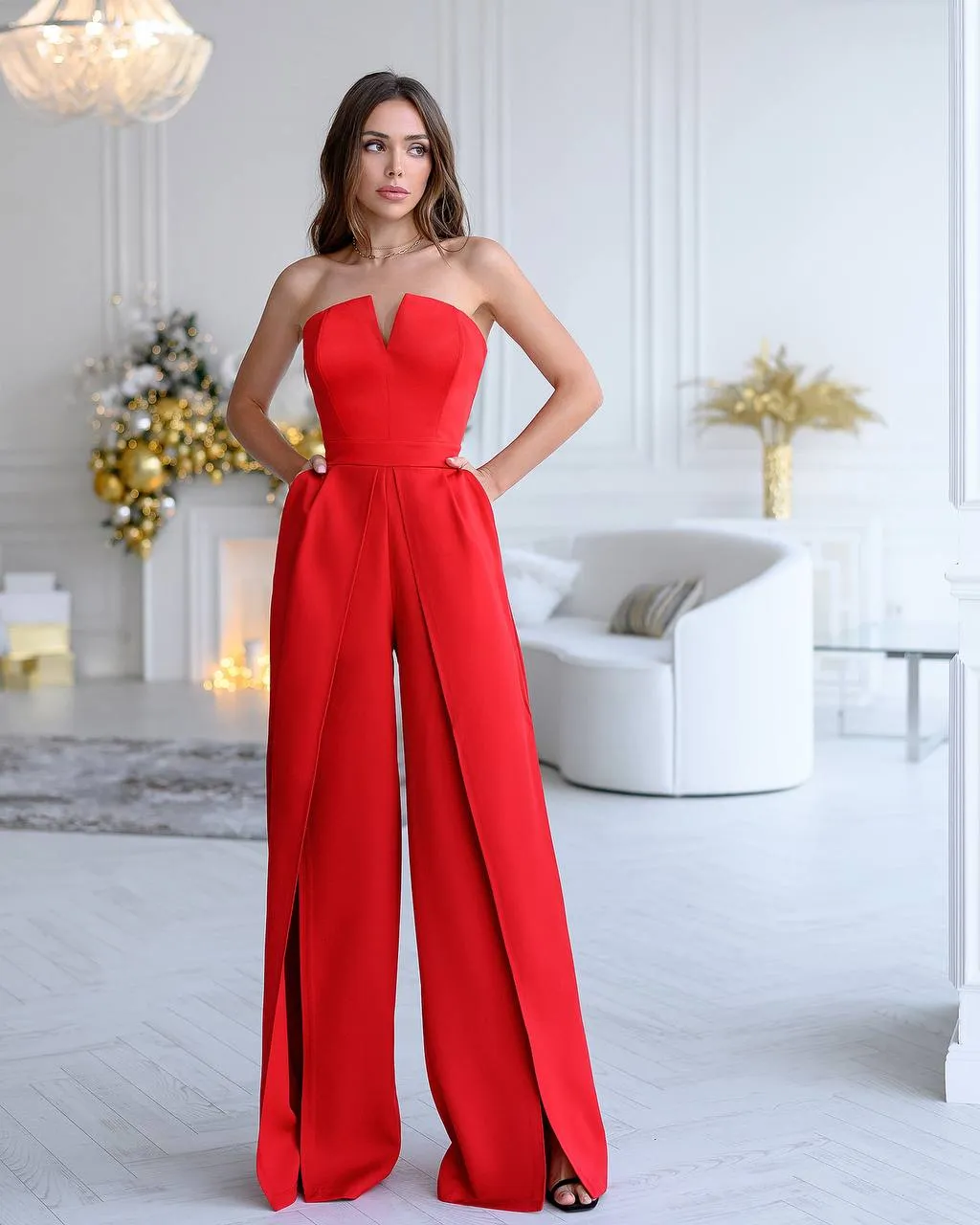 Red Strapless V-Neck Jumpsuit