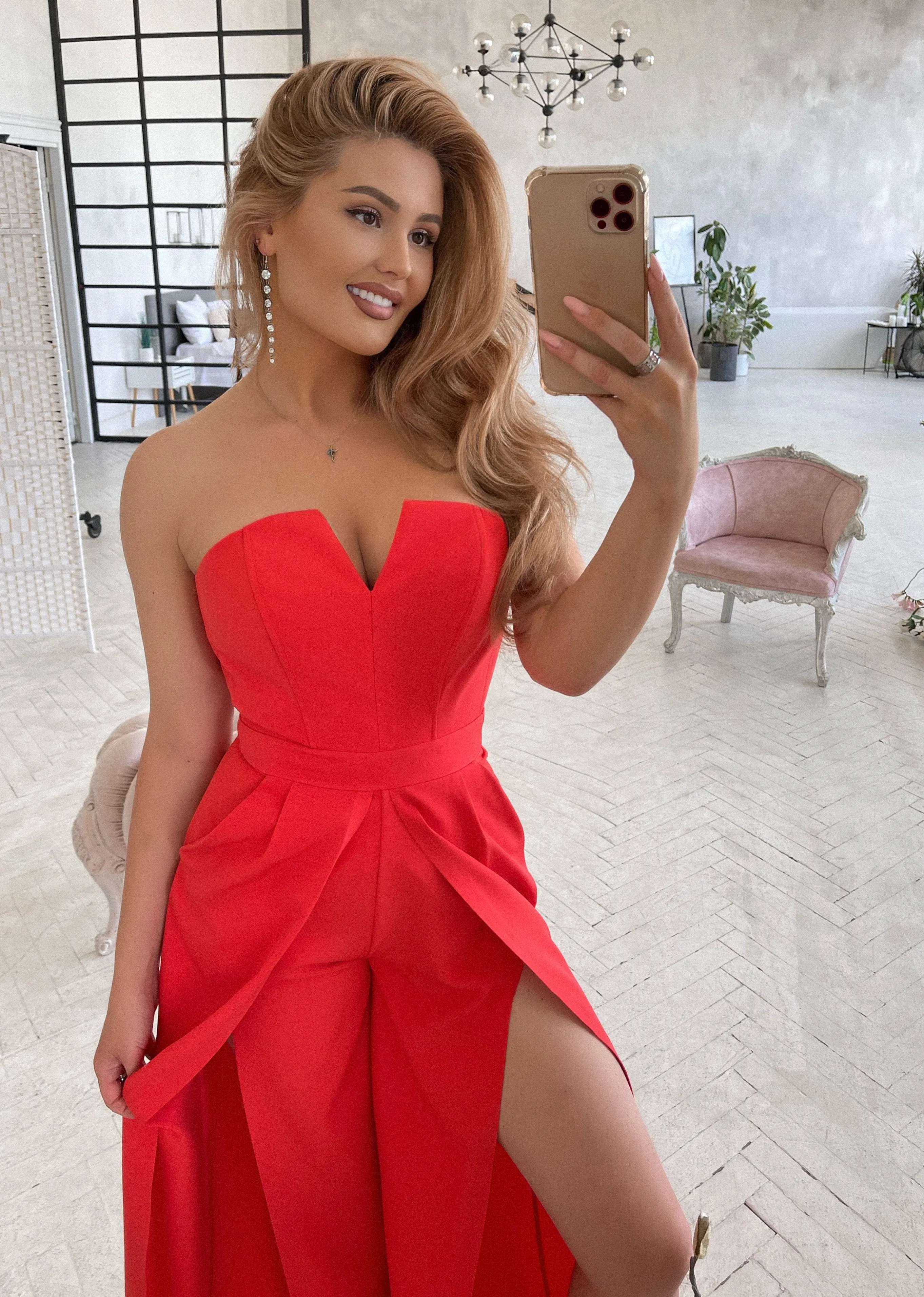 Red Strapless V-Neck Jumpsuit