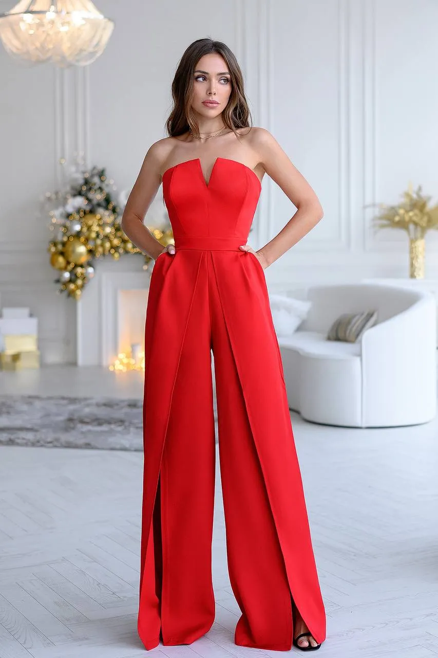 Red Strapless V-Neck Jumpsuit