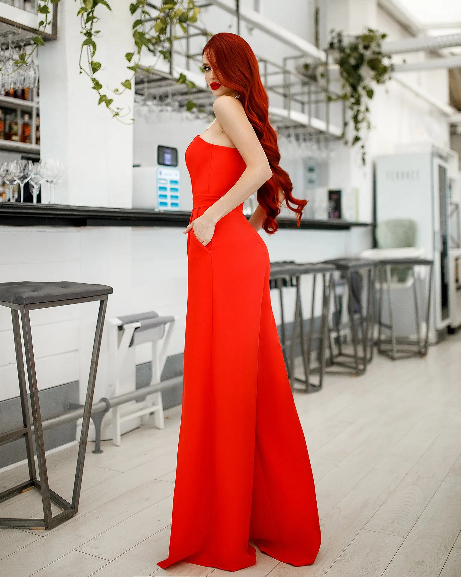 Red Strapless V-Neck Jumpsuit