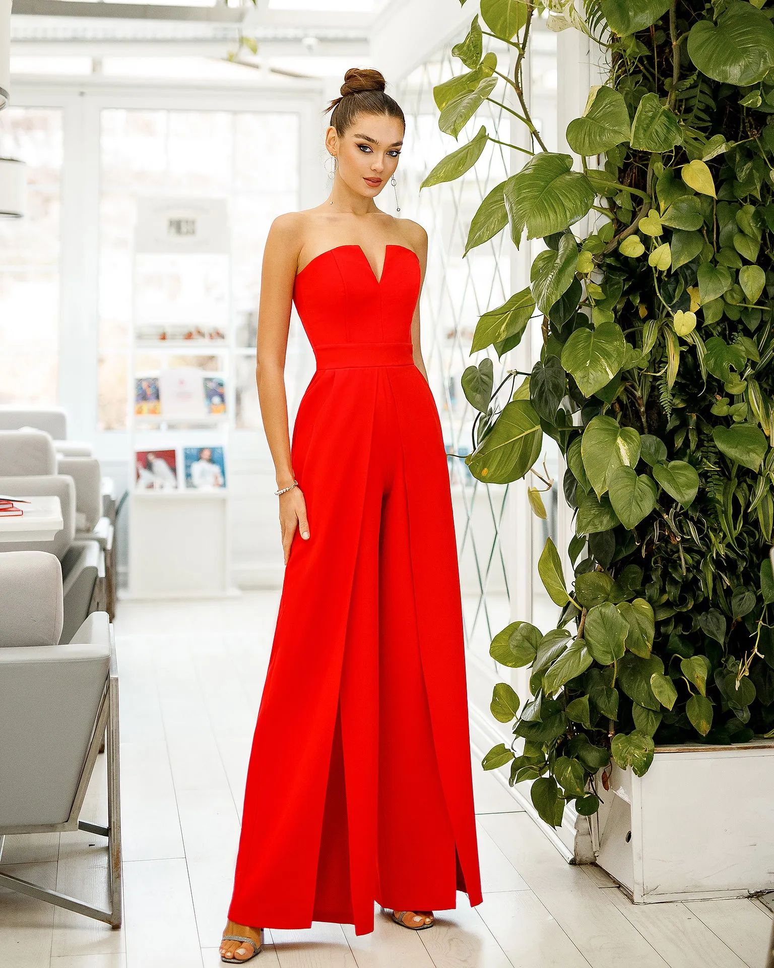 Red Strapless V-Neck Jumpsuit