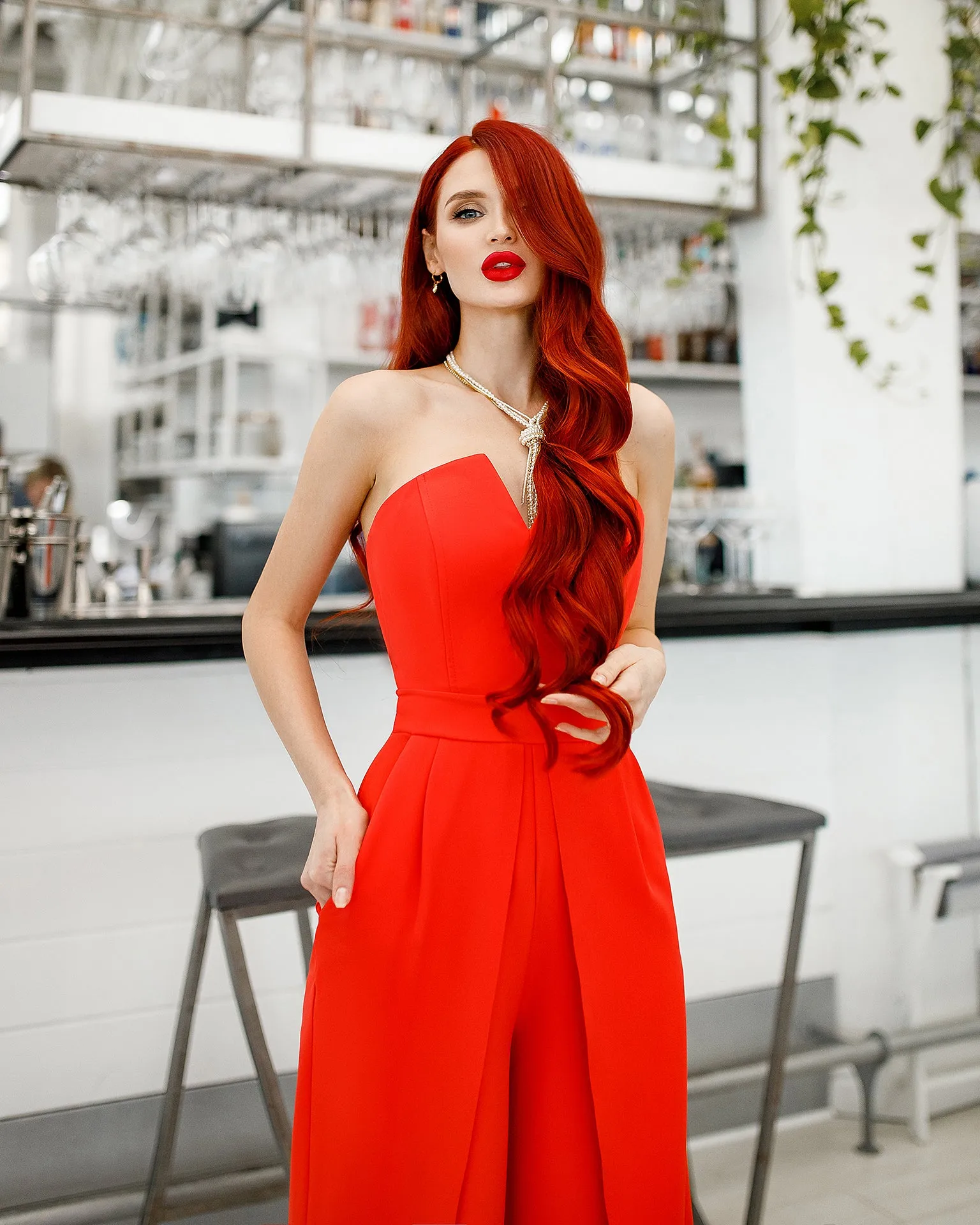 Red Strapless V-Neck Jumpsuit