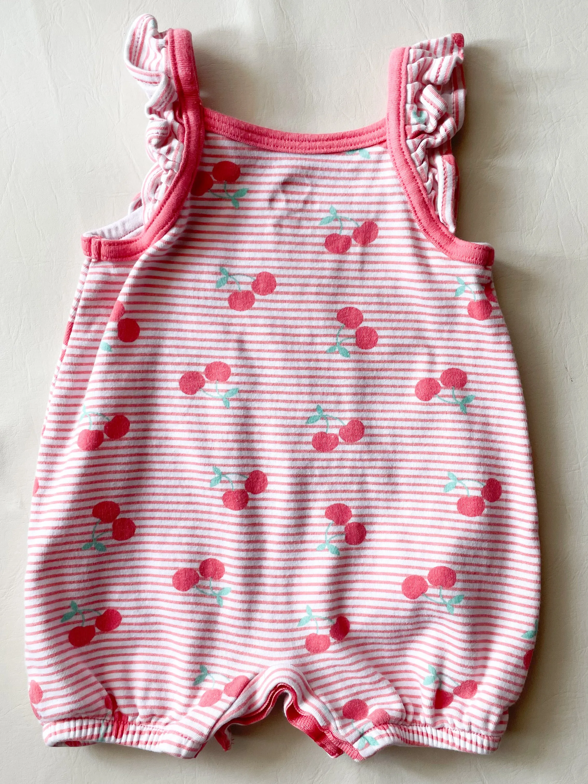 Rococo Pink Stripe Cherry Cotton Ruffle Baby Bodysuit - 3 Months