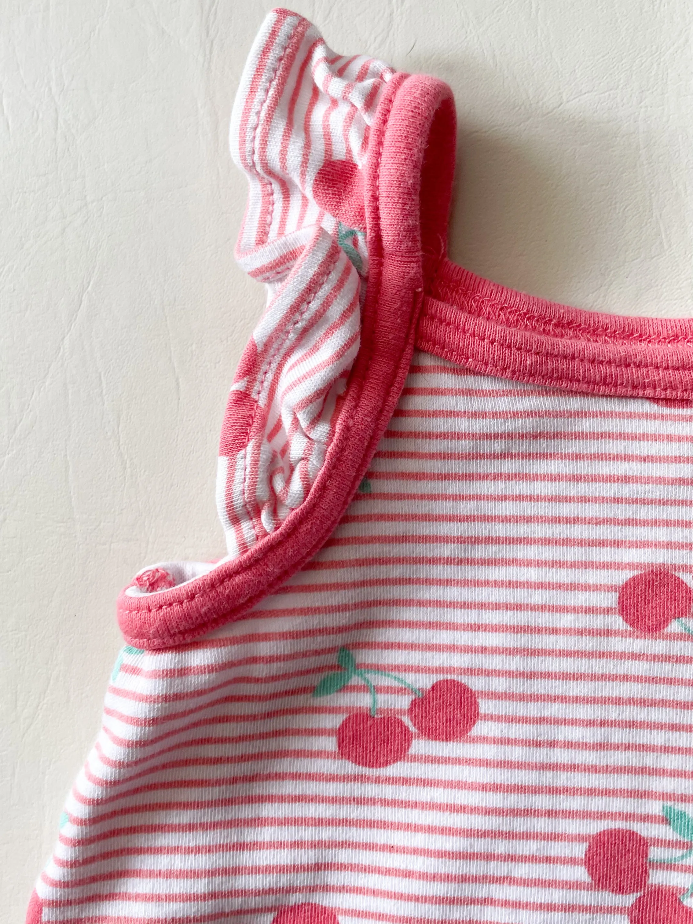 Rococo Pink Stripe Cherry Cotton Ruffle Baby Bodysuit - 3 Months