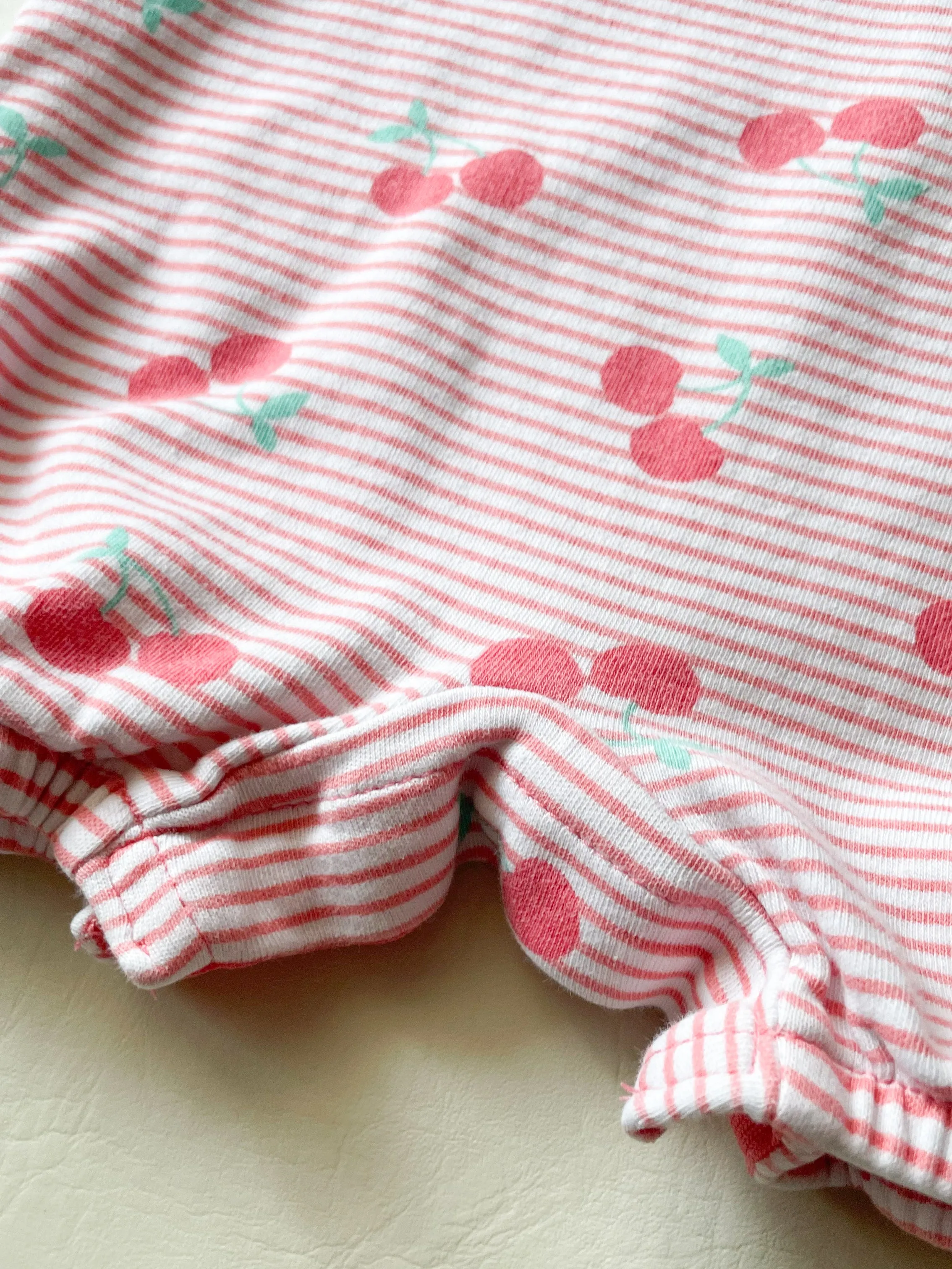 Rococo Pink Stripe Cherry Cotton Ruffle Baby Bodysuit - 3 Months