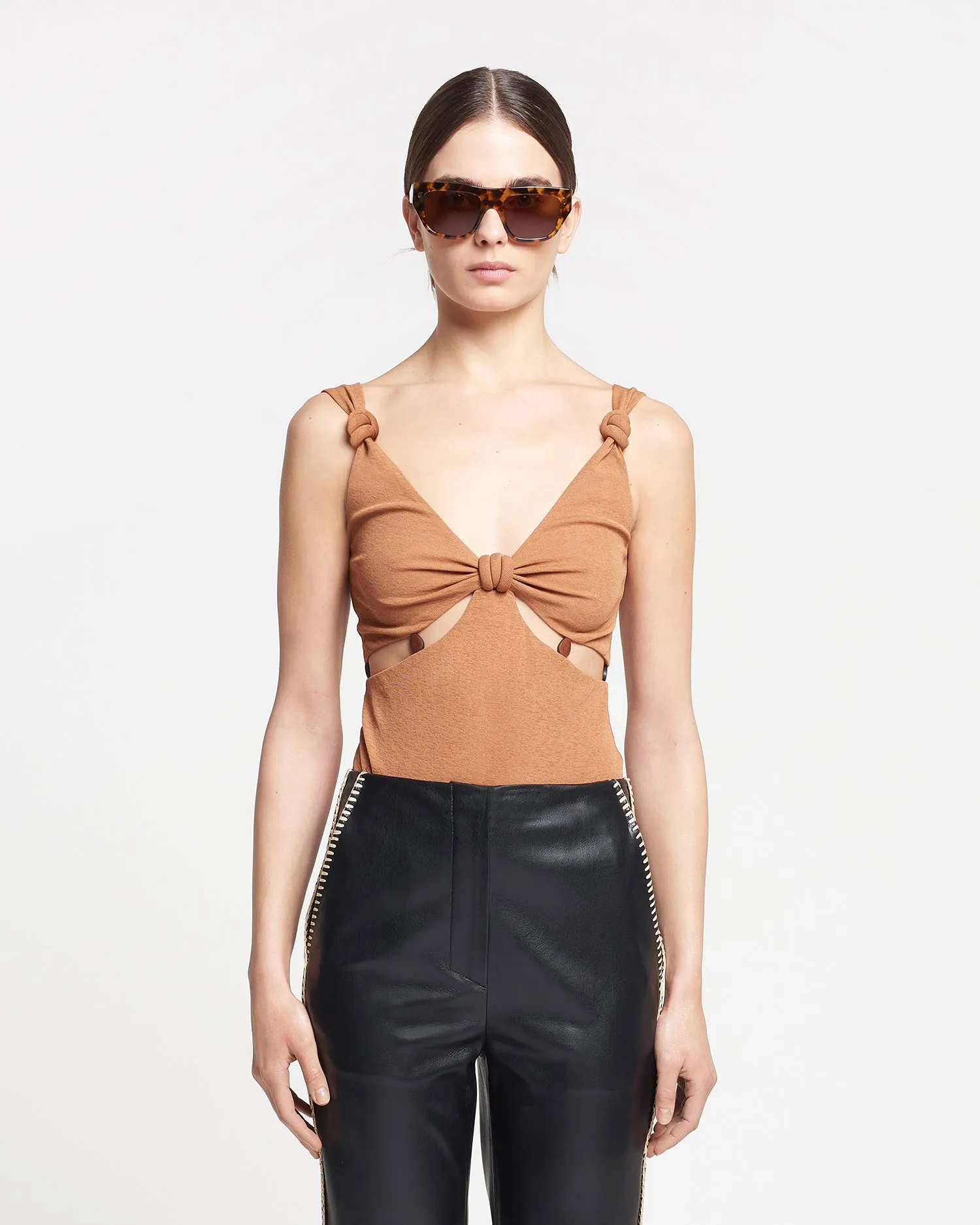 Seve - Beaded Mesh-Jersey Bodysuit - Caramel