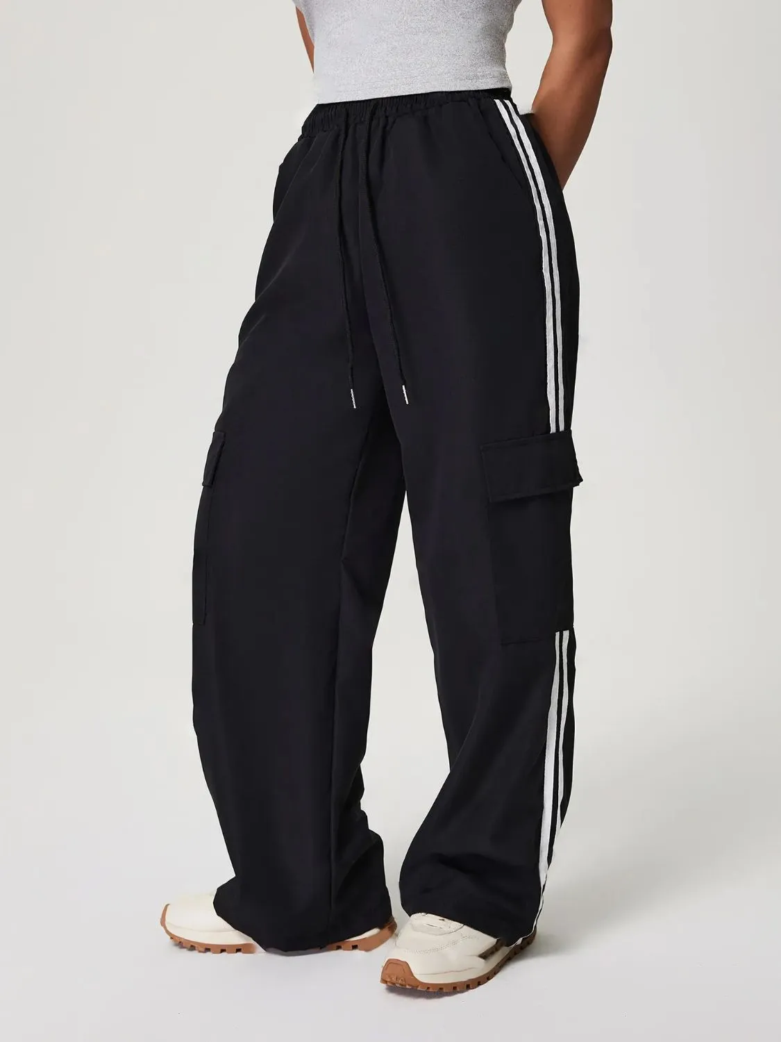 Side Striped Drawstring Wide Leg Pants