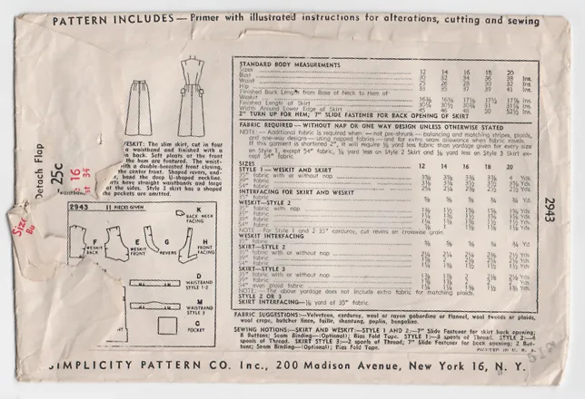 Simplicity 2943 Sewing Pattern - 1940s Vintage Pattern - Misses Skirt and Weskit Pattern