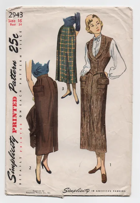 Simplicity 2943 Sewing Pattern - 1940s Vintage Pattern - Misses Skirt and Weskit Pattern