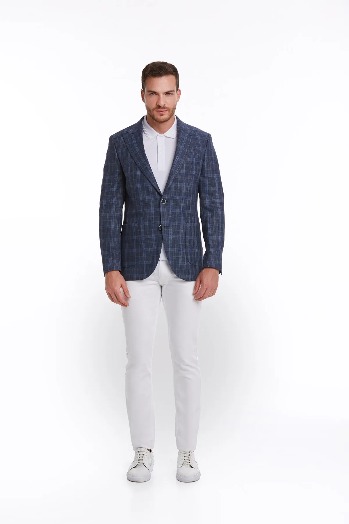 Slim Fit Navy Peak Lapel Plaid Linen Classic Blazer