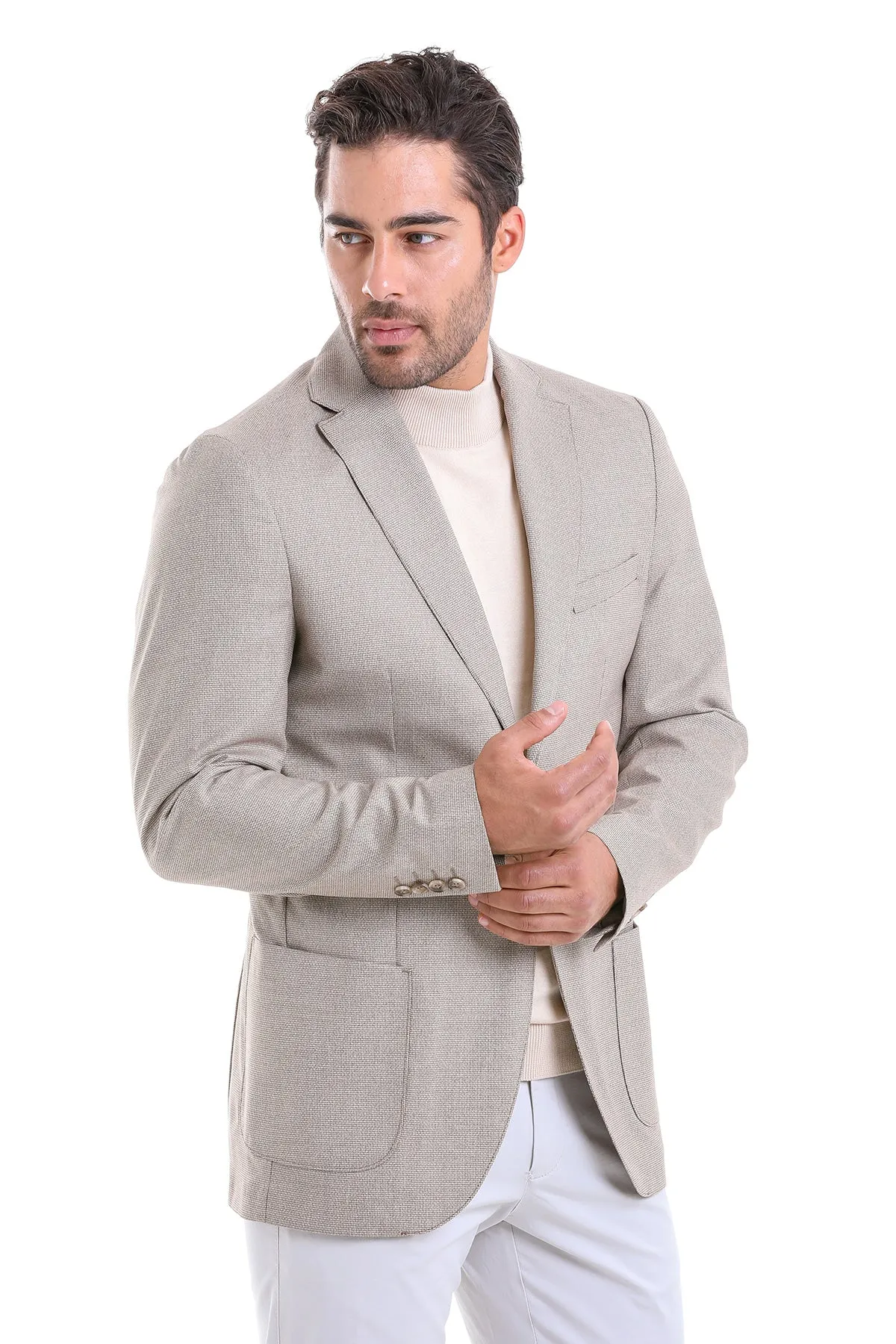 Slim Fit Notch Lapel Patterned Burgundy Casual Blazer, Light Brown D.