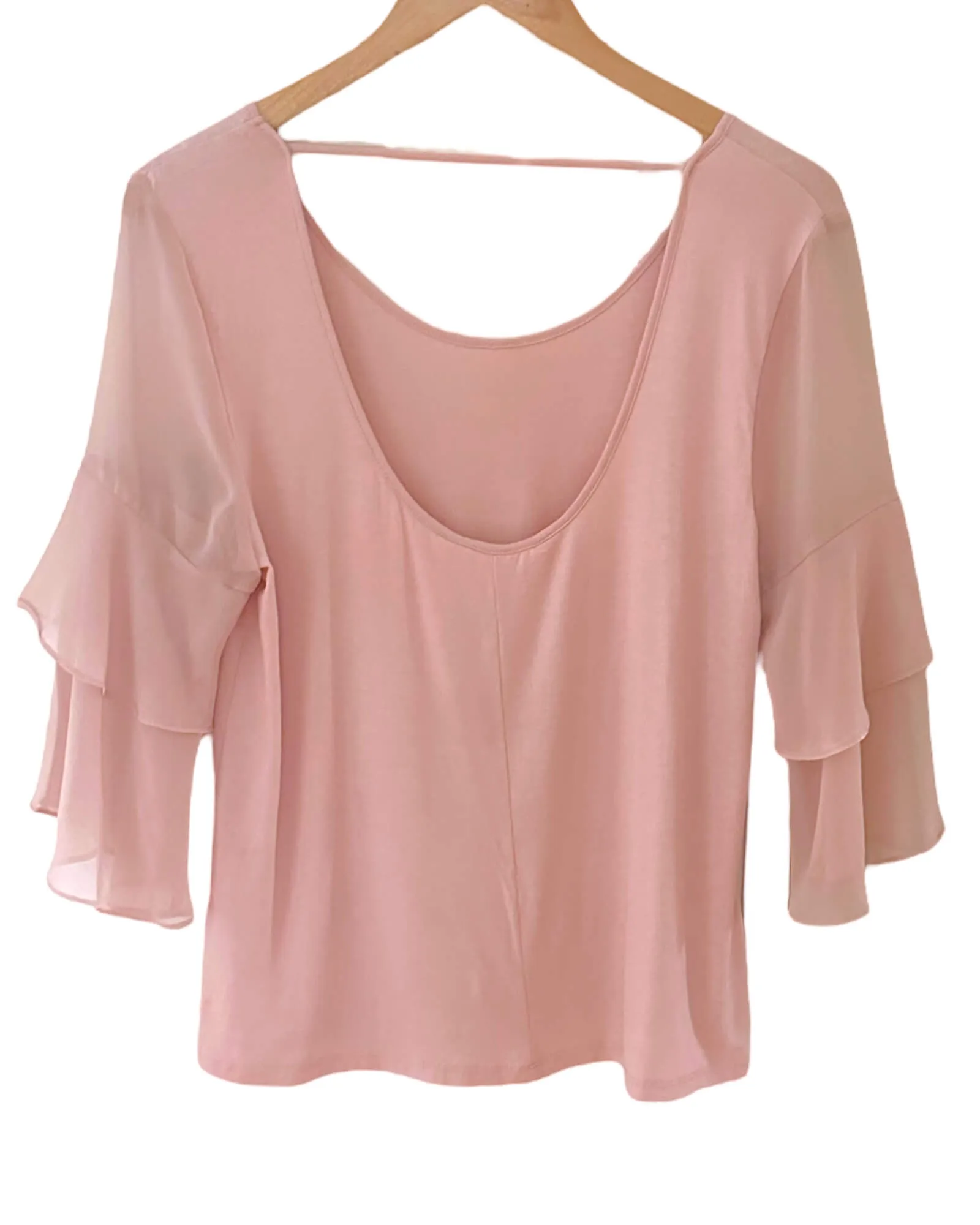 Soft Autumn Rose Smoke Frill Sleeve Scoop Back Blouse