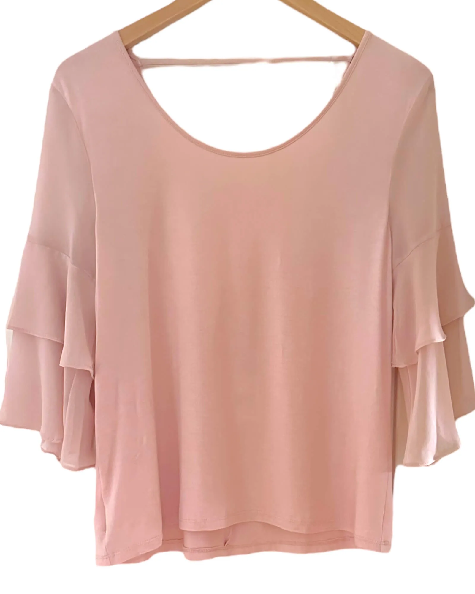 Soft Autumn Rose Smoke Frill Sleeve Scoop Back Blouse