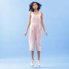 Striped Pink Cotton Button-Down Culottes Jumpsuit