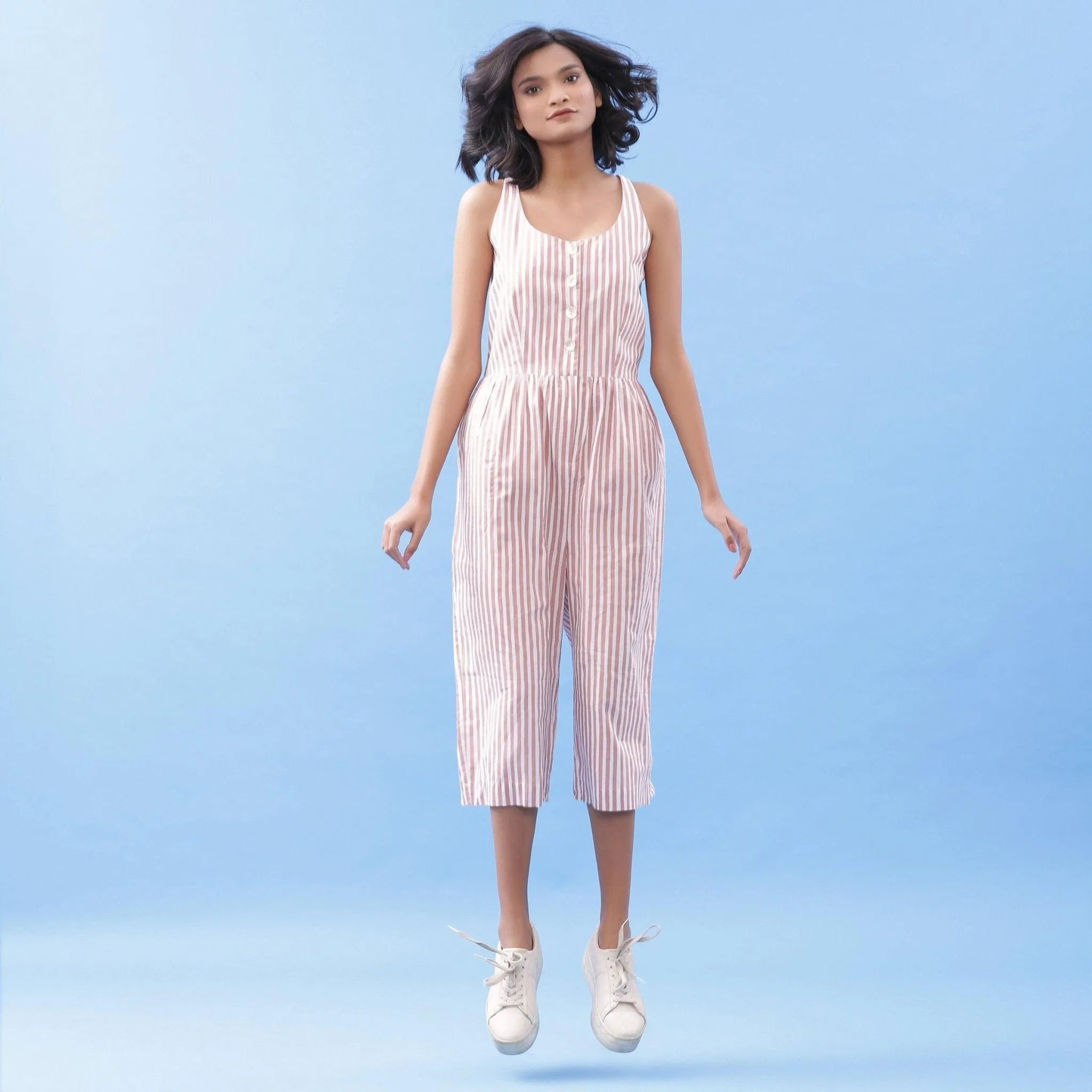 Striped Pink Cotton Button-Down Culottes Jumpsuit