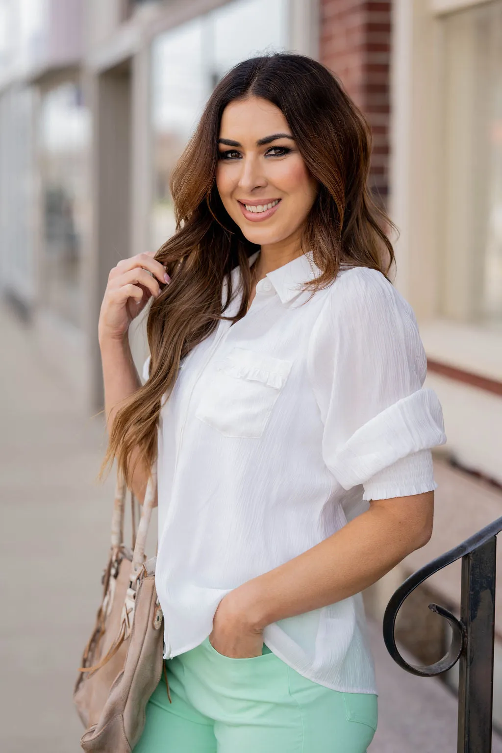 Subtle Textured Half Sleeve Button Up Blouse