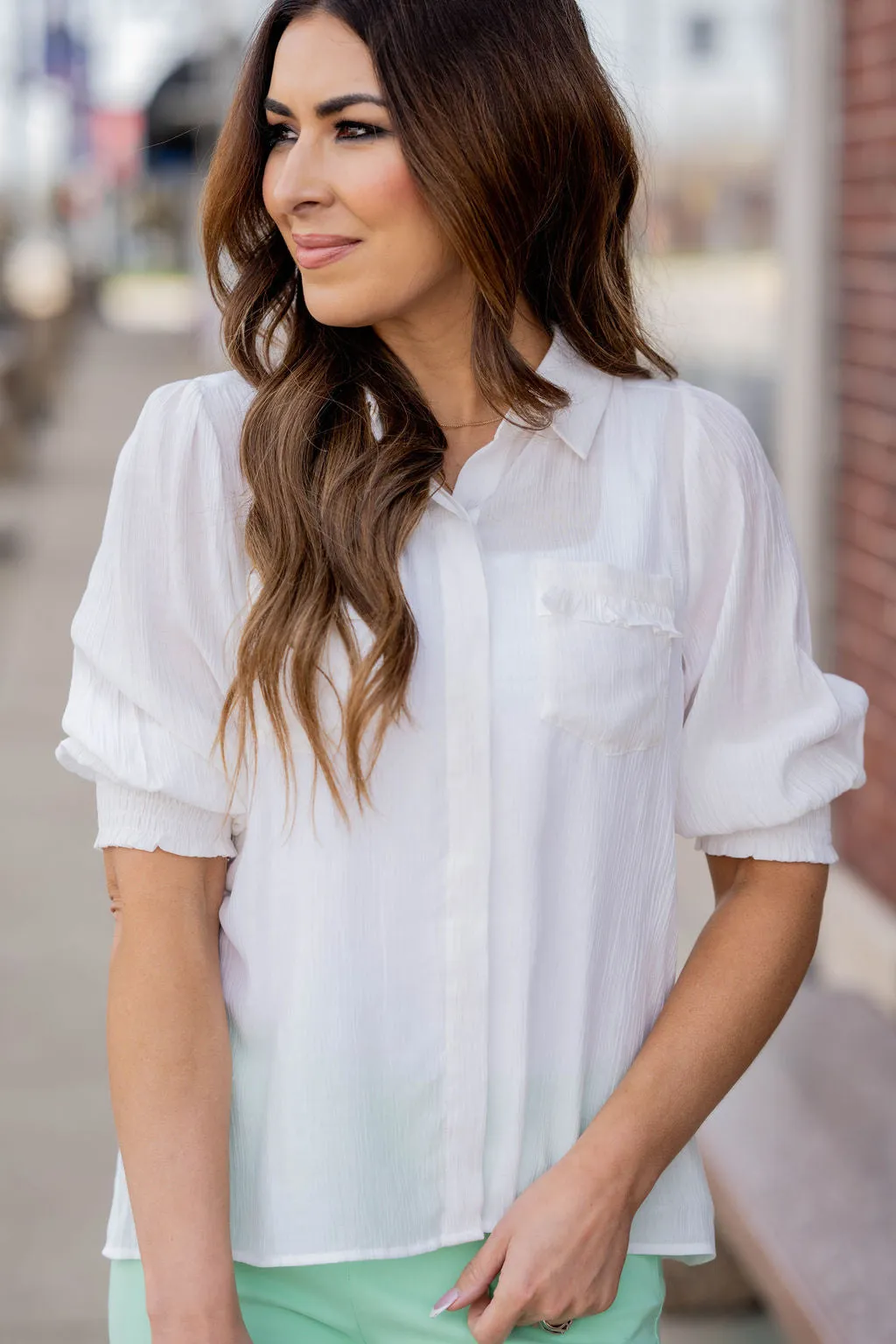 Subtle Textured Half Sleeve Button Up Blouse