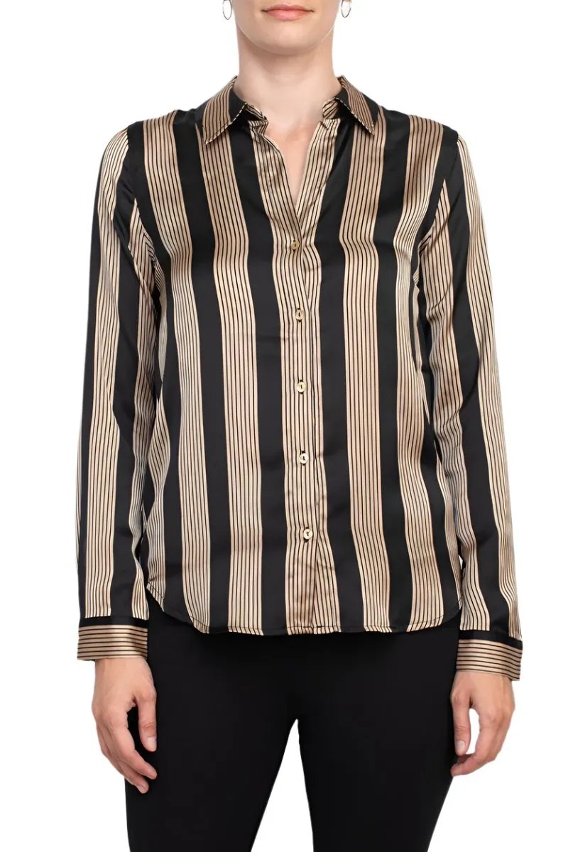 T Tahari collared long sleeve button front closure stripe print shirt