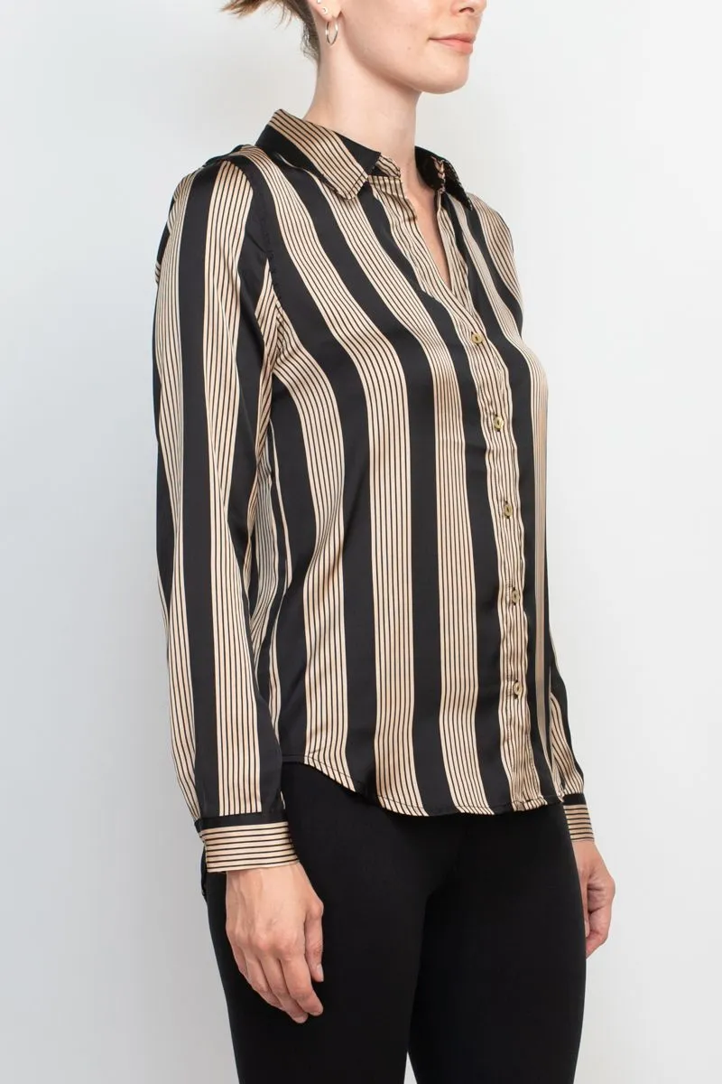 T Tahari collared long sleeve button front closure stripe print shirt