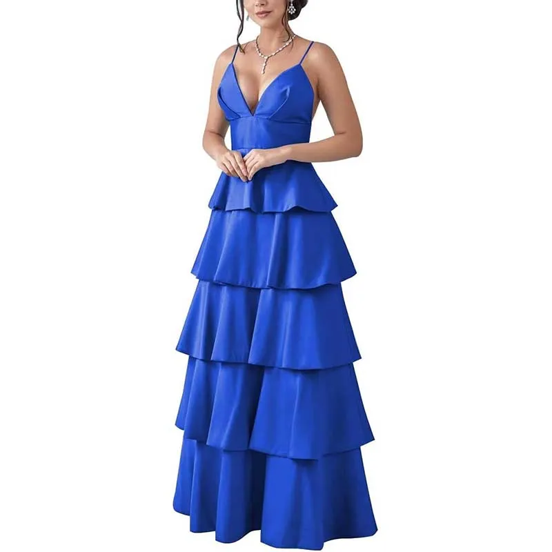 Tiered Satin Bridesmaid Dresses Spaghetti Strap A Line Prom Dresses