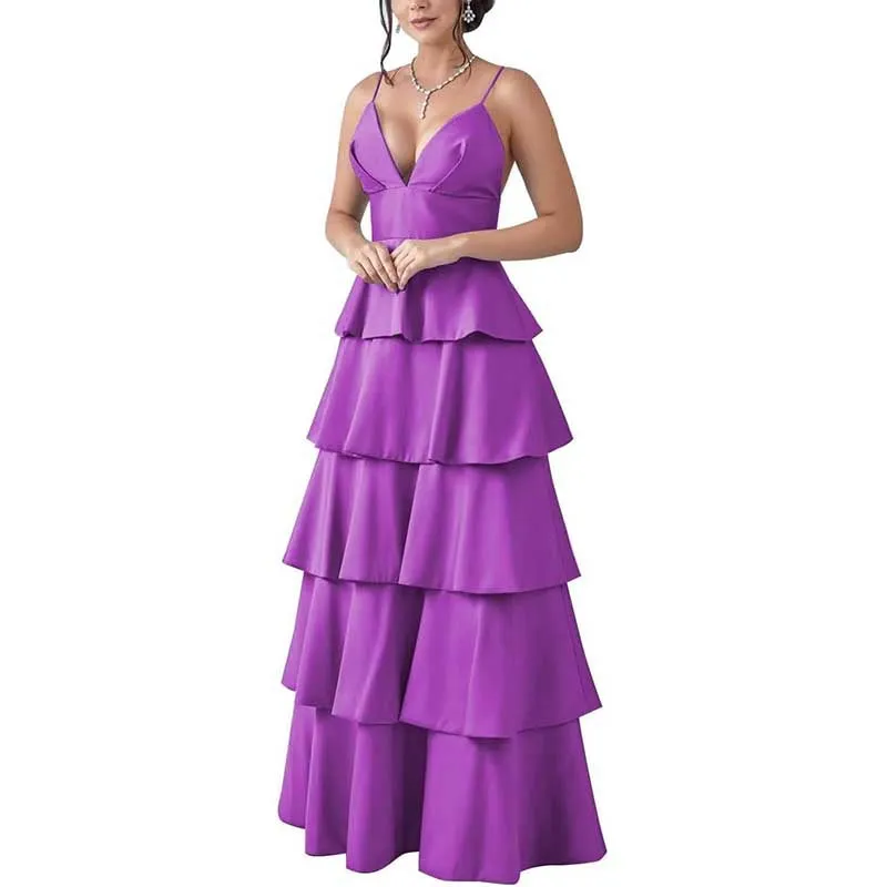 Tiered Satin Bridesmaid Dresses Spaghetti Strap A Line Prom Dresses