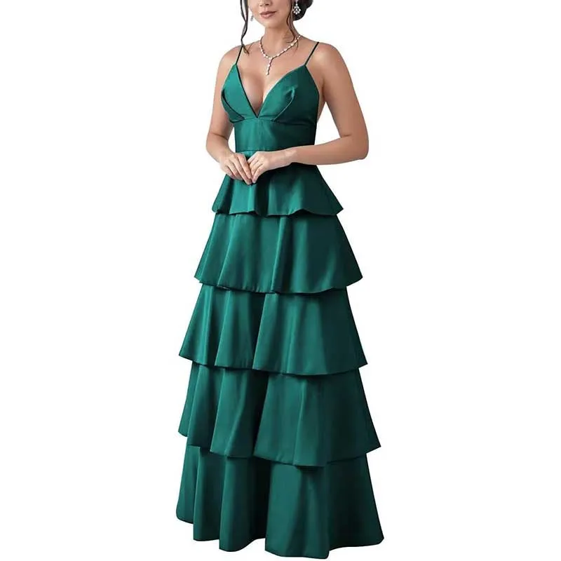 Tiered Satin Bridesmaid Dresses Spaghetti Strap A Line Prom Dresses