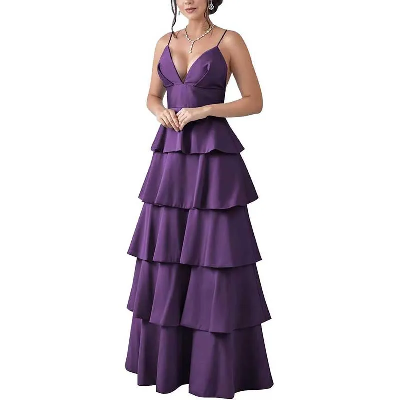 Tiered Satin Bridesmaid Dresses Spaghetti Strap A Line Prom Dresses