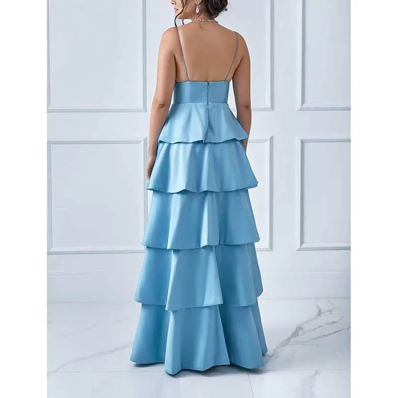 Tiered Satin Bridesmaid Dresses Spaghetti Strap A Line Prom Dresses