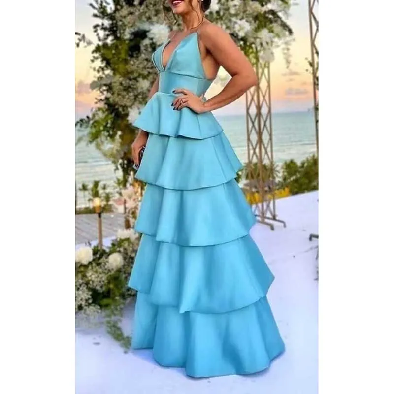 Tiered Satin Bridesmaid Dresses Spaghetti Strap A Line Prom Dresses