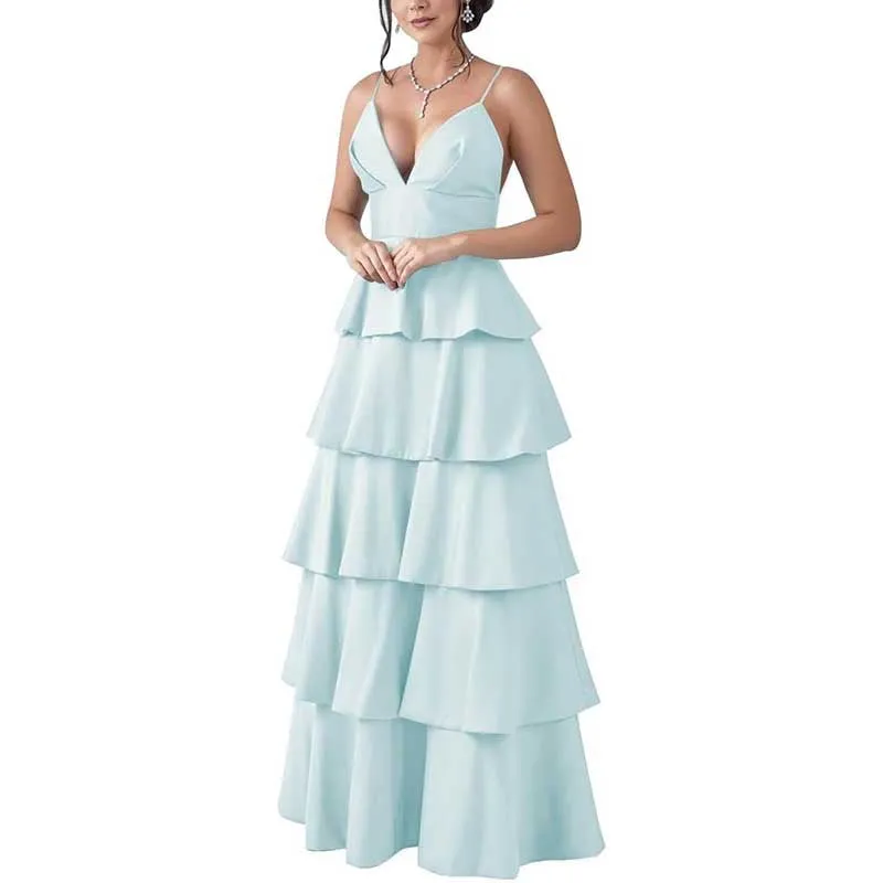 Tiered Satin Bridesmaid Dresses Spaghetti Strap A Line Prom Dresses