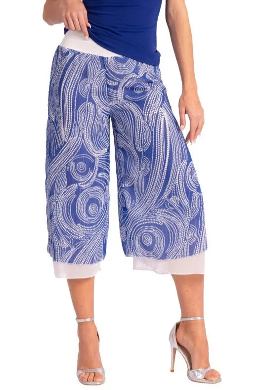 Two-layer Blue Cycladic Print Georgette Cropped Culottes With Slits