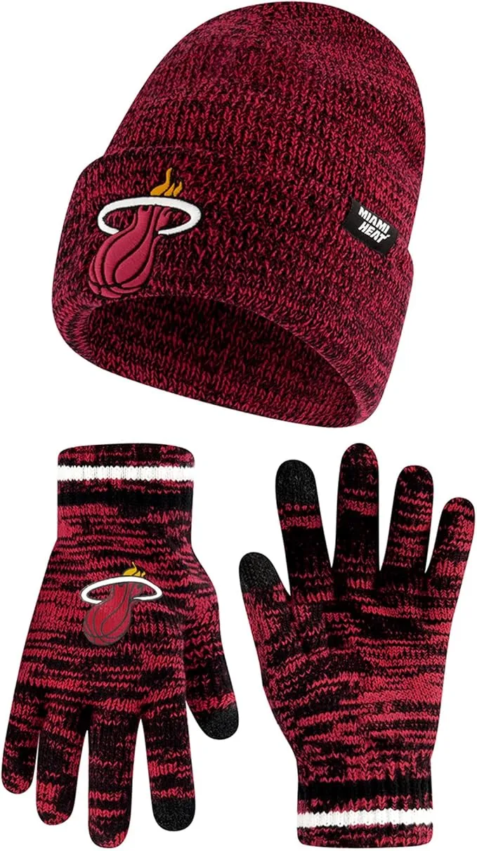 Ultra Game NBA Official Men's Super Soft Winter Beanie Knit Hat with Extra Warm Touch Screen Gloves, Miami Heat, Team Color|Miami Heat