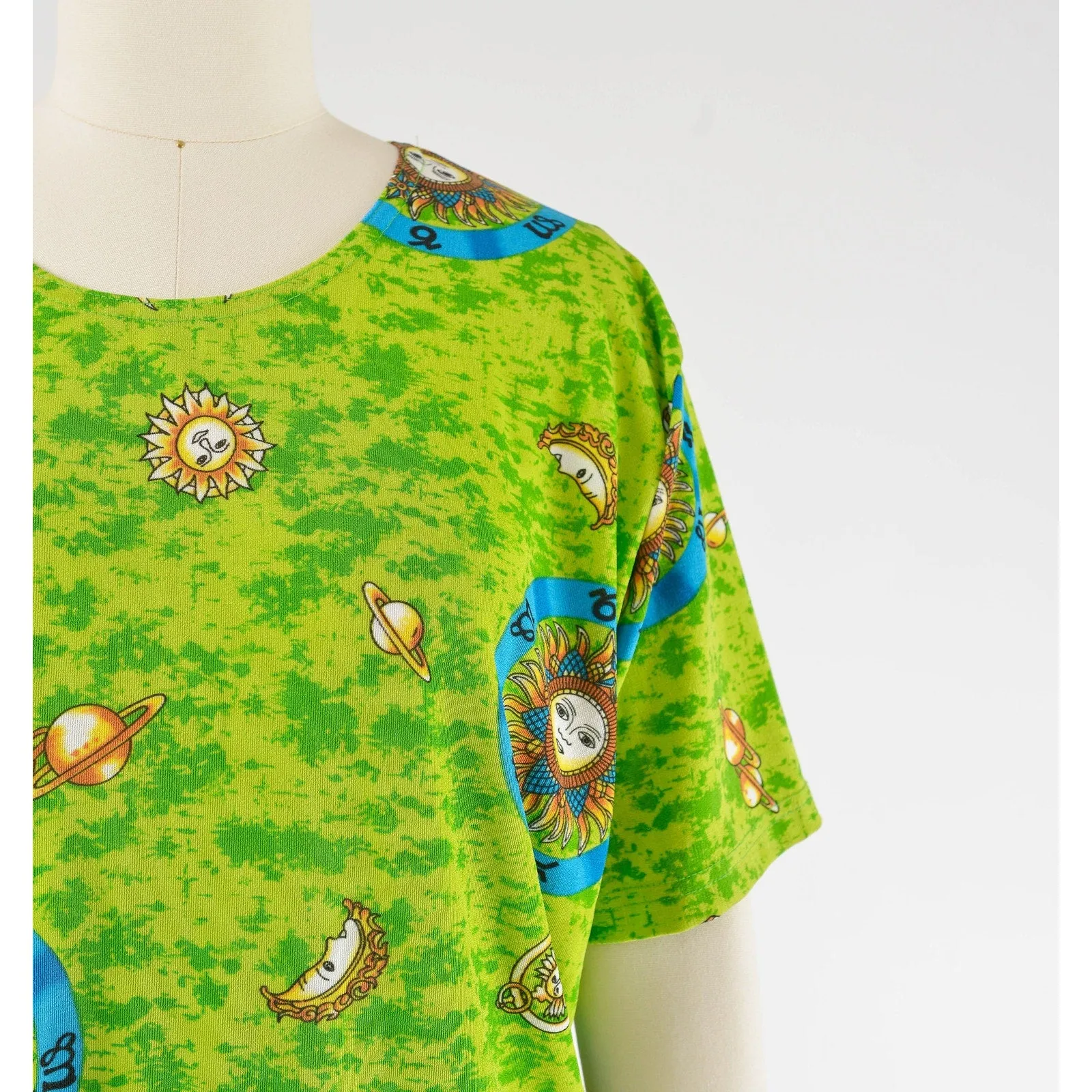 Vintage 90s Y2K Lime Green Zodiac Print Top Astrology Knit Shirt size L XL