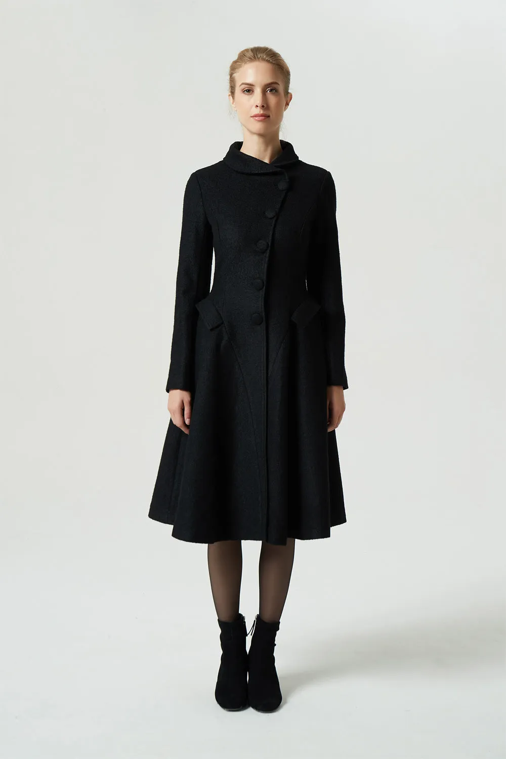 vintage black knee length wool coat 1973