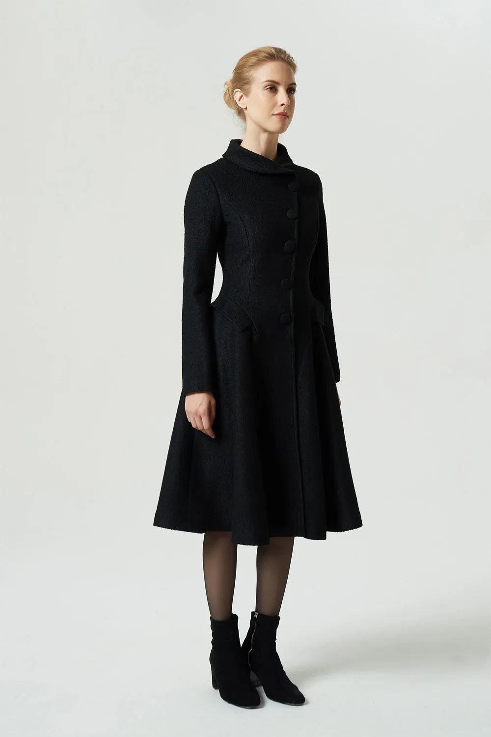 vintage black knee length wool coat 1973