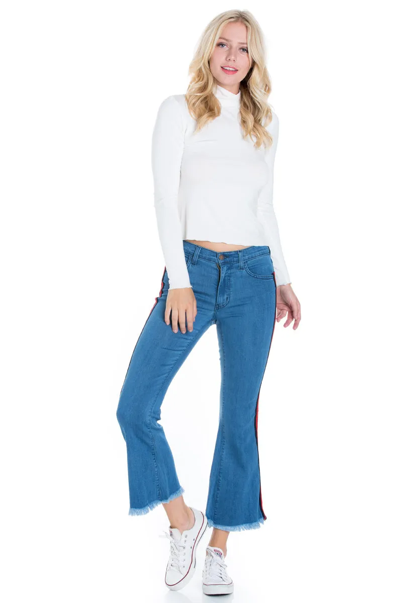 Walk of Fame Culotte Denim Flared Jeans with Side Stripes in Black