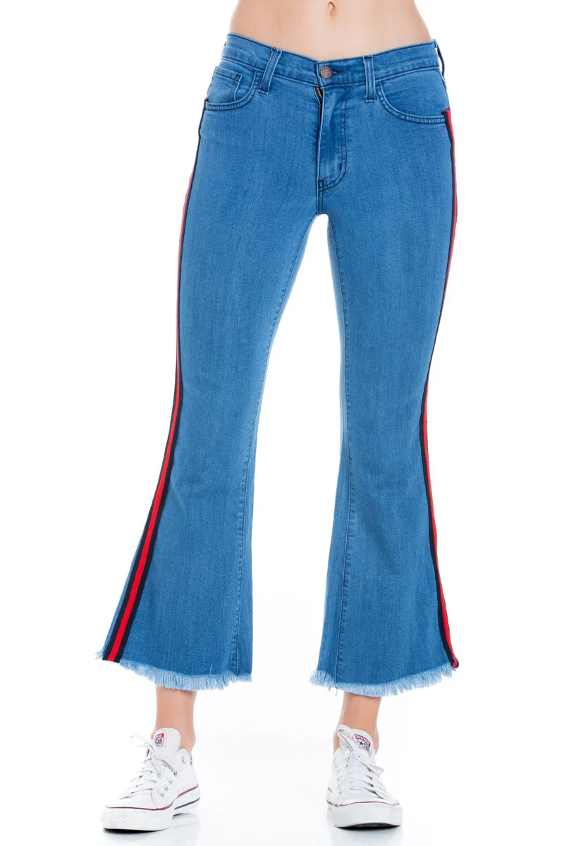 Walk of Fame Culotte Denim Flared Jeans with Side Stripes in Black