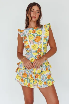 Weekend Muse Sleeveless Layered Frill Romper Yellow Floral