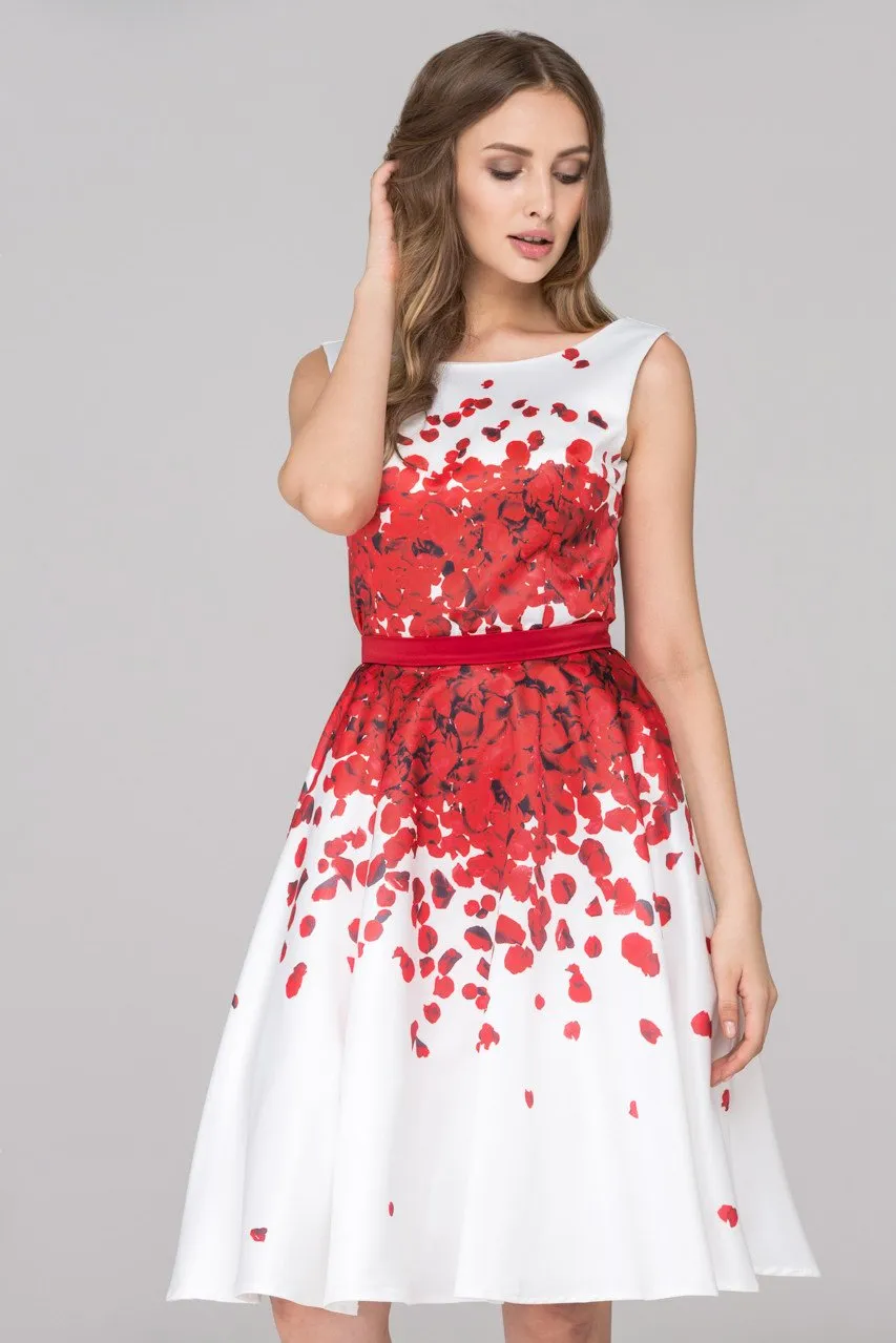 White and Red Rose Petal Two Piece Midi Dress