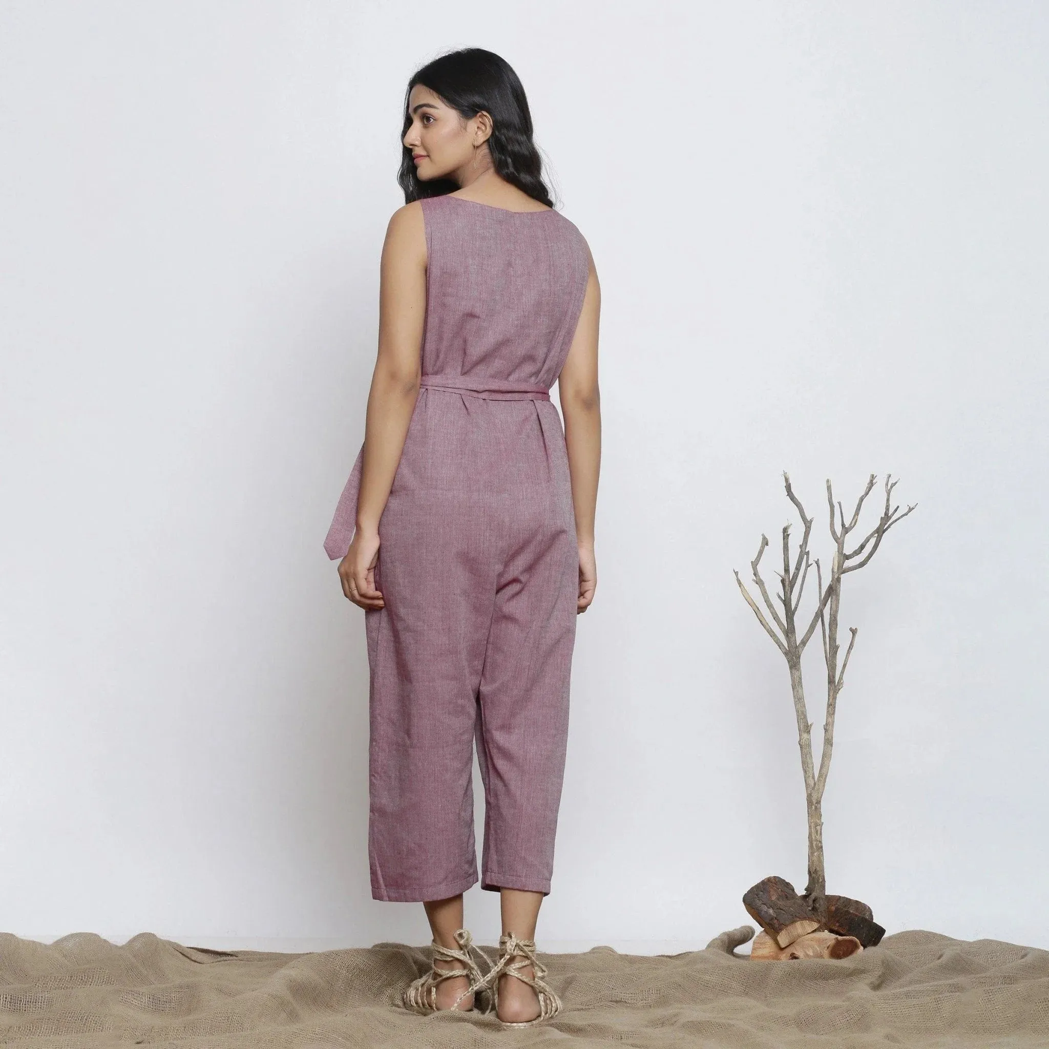 Wine Cotton Muslin Deep Neck Midi Wrap Jumpsuit