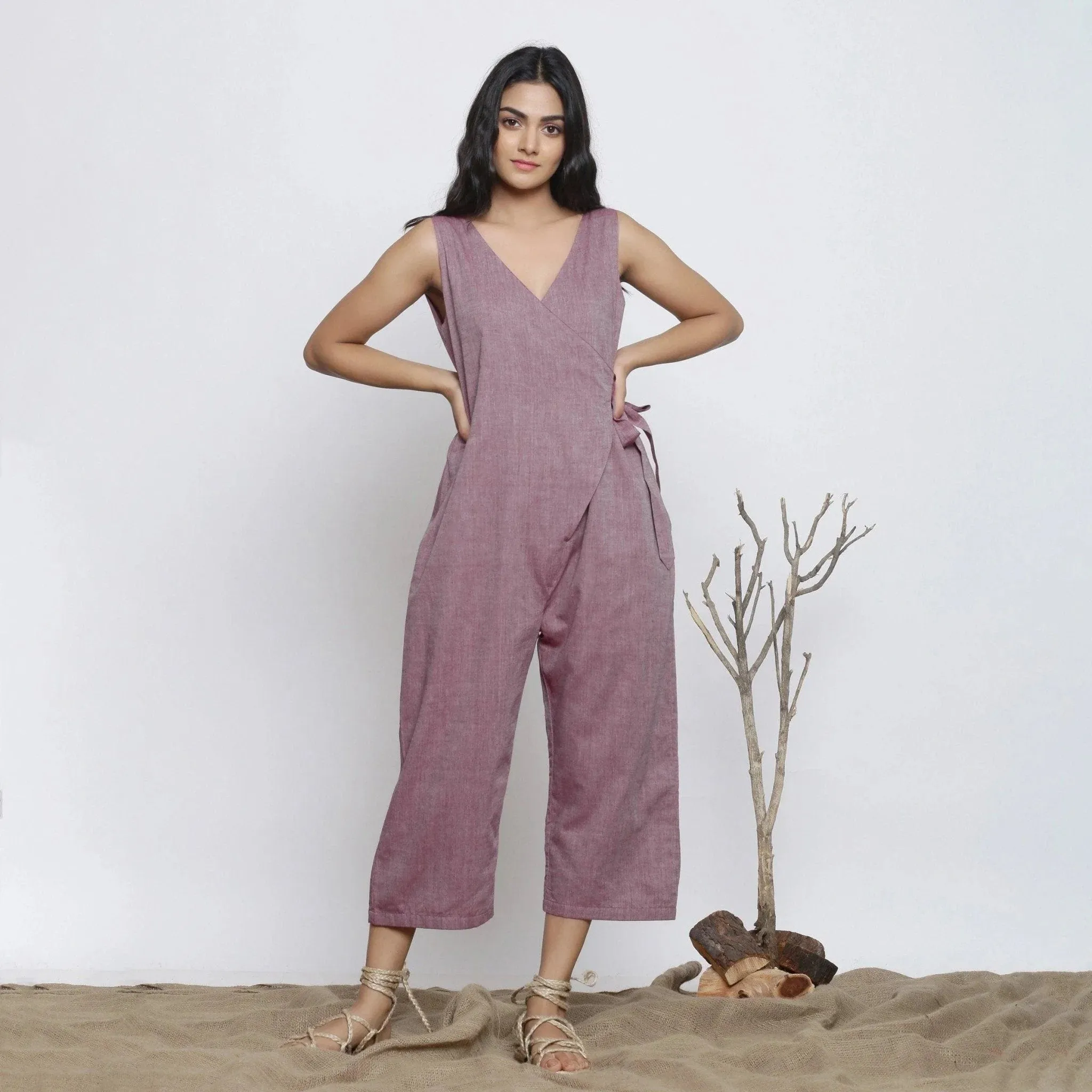 Wine Cotton Muslin Deep Neck Midi Wrap Jumpsuit