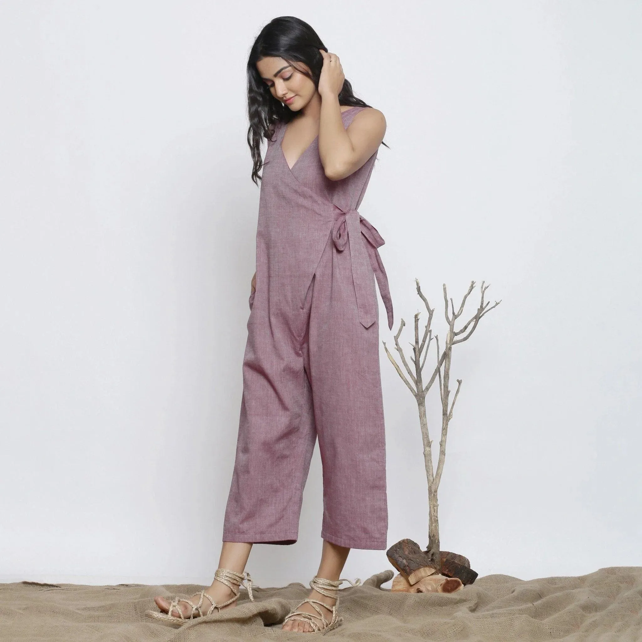 Wine Cotton Muslin Deep Neck Midi Wrap Jumpsuit