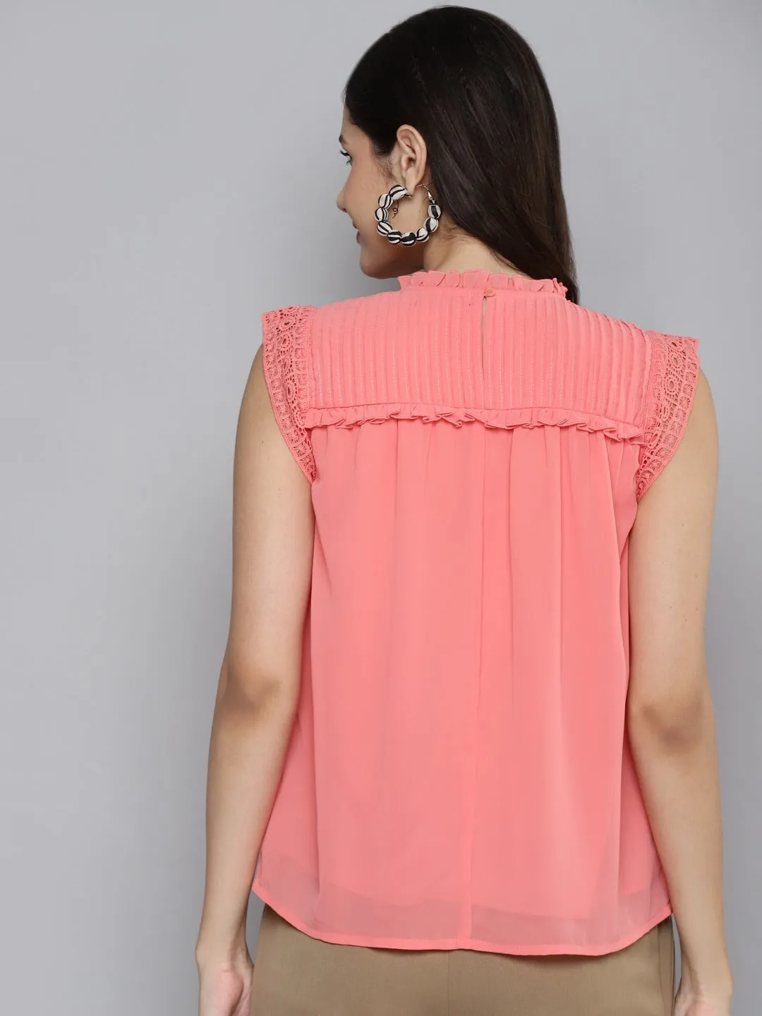 Women Dark Peach Pintuck Sleeveless Top