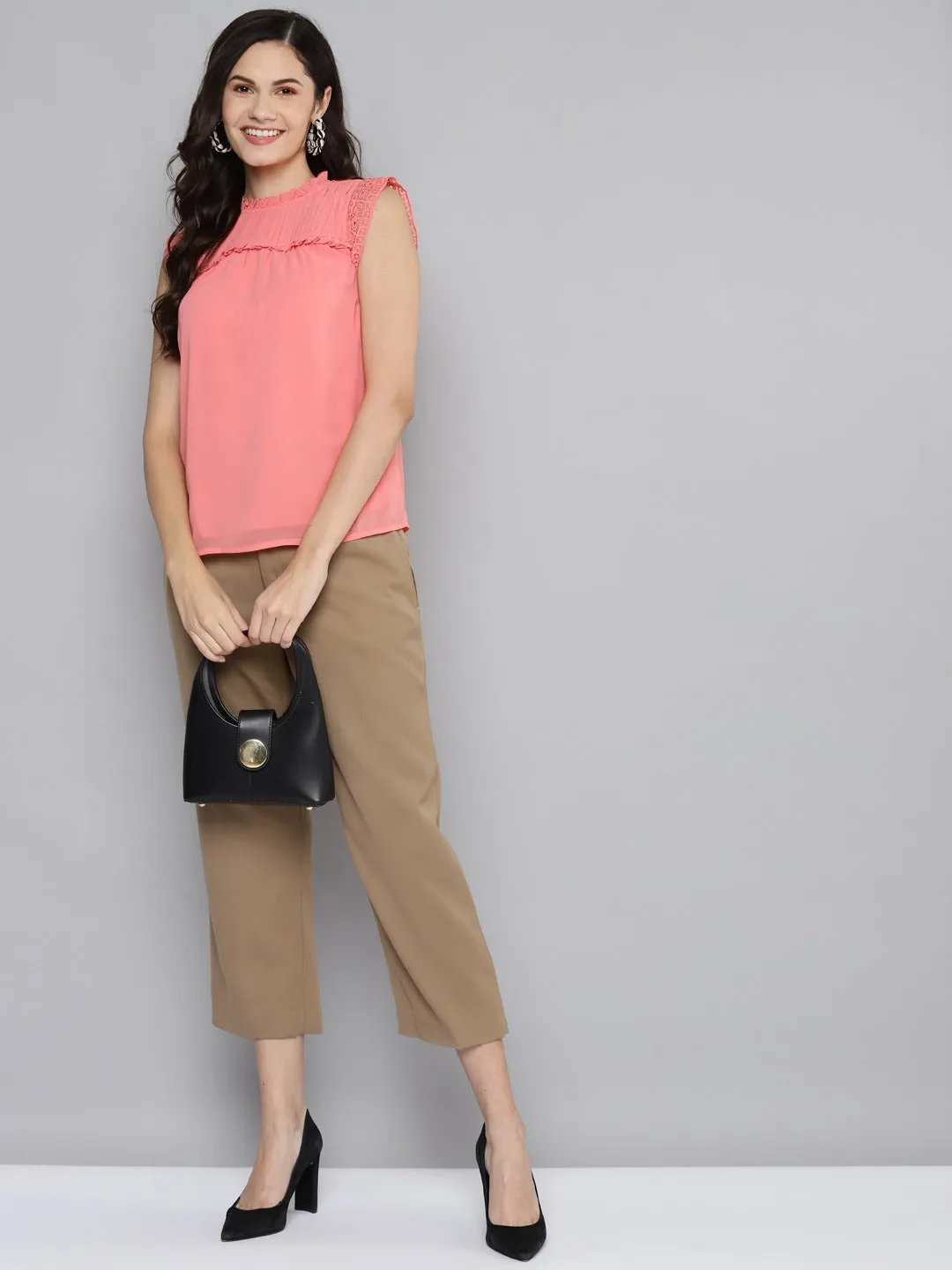 Women Dark Peach Pintuck Sleeveless Top