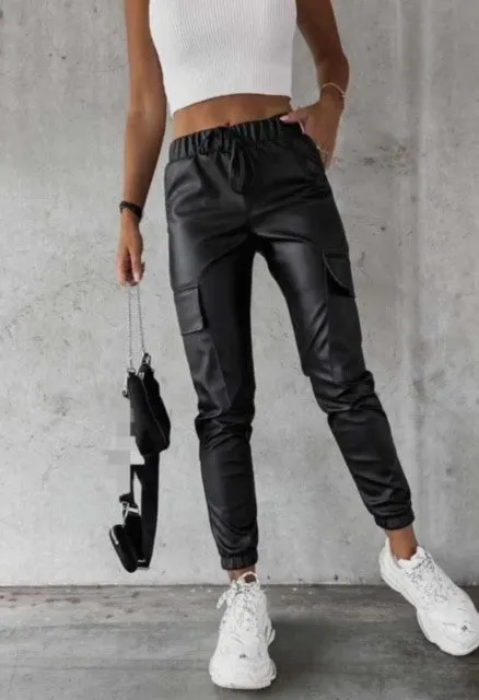 Women's Faux Leather Cargo Pants