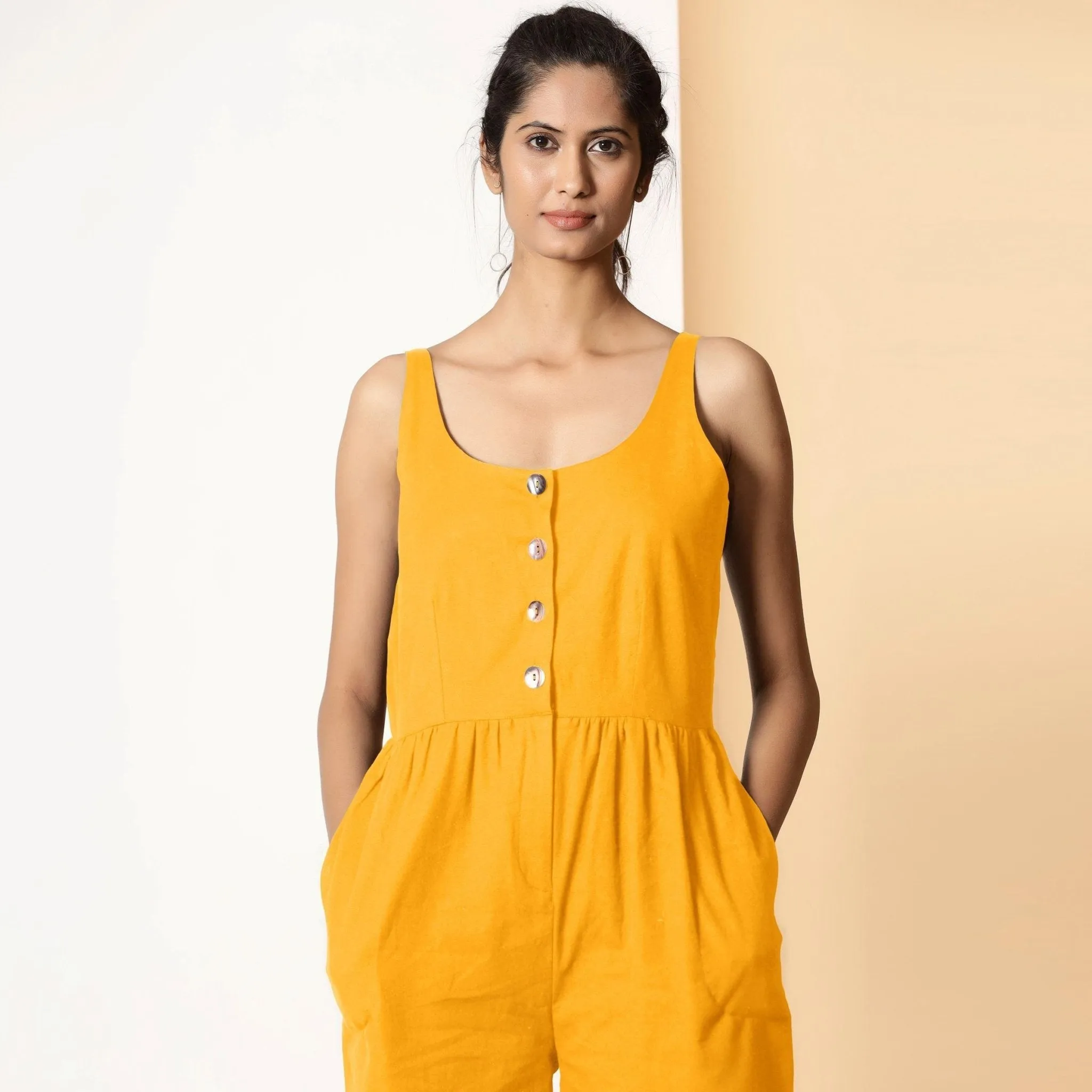 Yellow Cotton Flax Button-Down Midi Jumpsuit