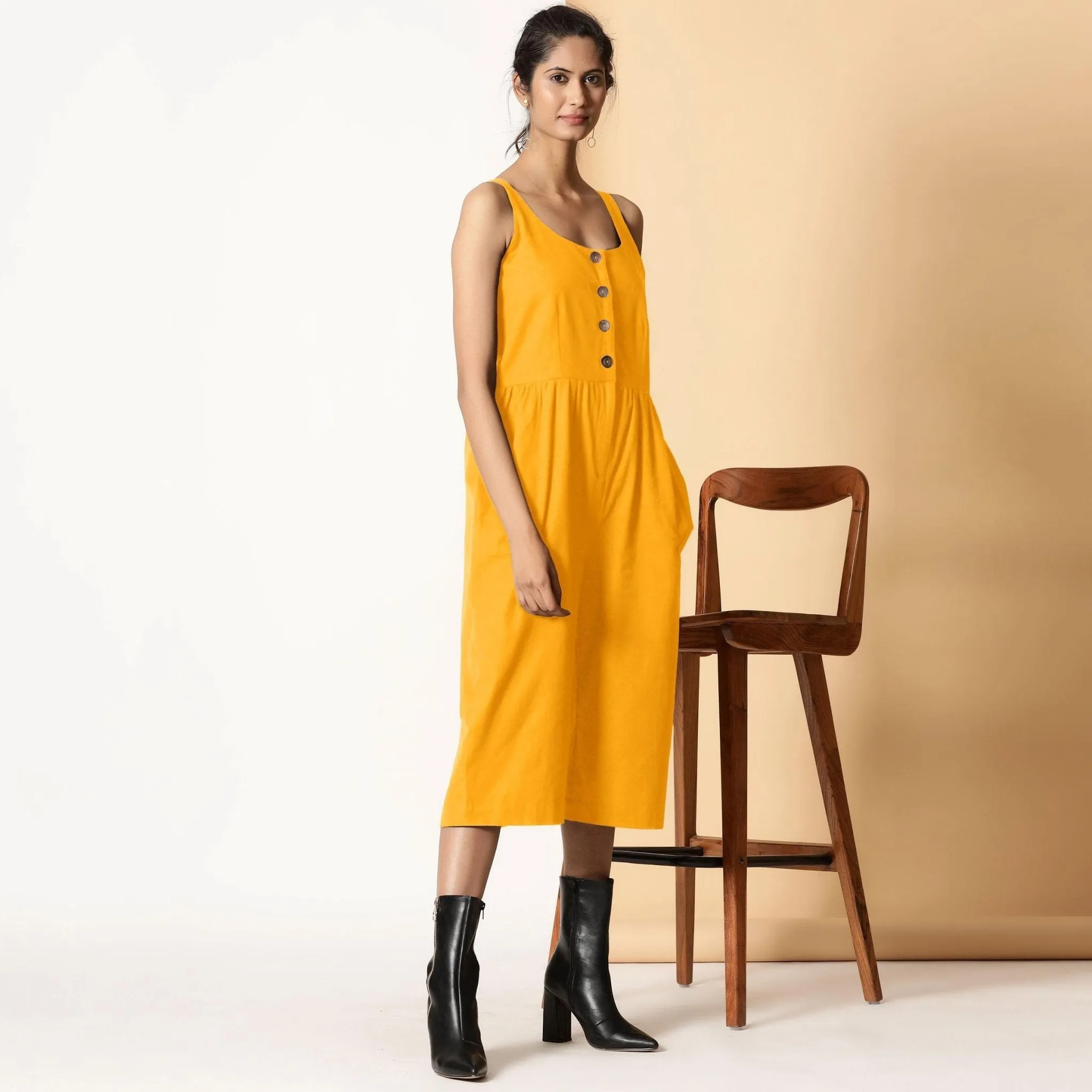 Yellow Cotton Flax Button-Down Midi Jumpsuit