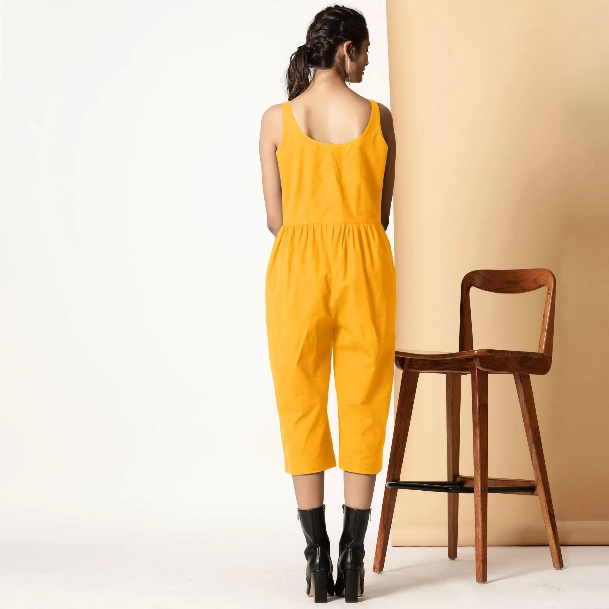 Yellow Cotton Flax Button-Down Midi Jumpsuit